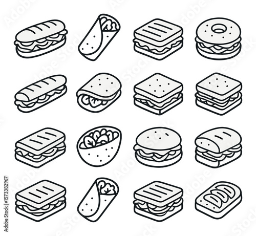 Sandwich icon collection, deli and snack symbols. fast food and meal set