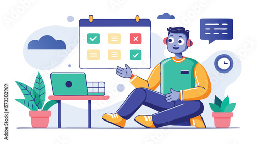 Man sitting with laptop near calendar and plants in a workspace with a clock and message bubble