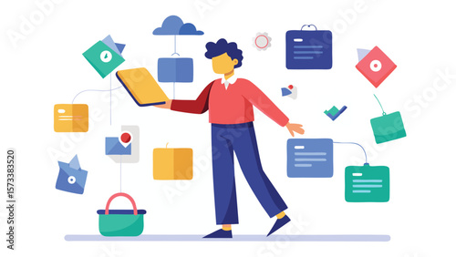 Illustration of a person holding a tablet surrounded by icons and cloud computing elements around them
