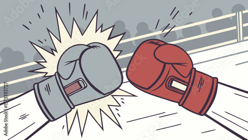 Boxing match illustration with red and gray gloves in action sports competition design vector art