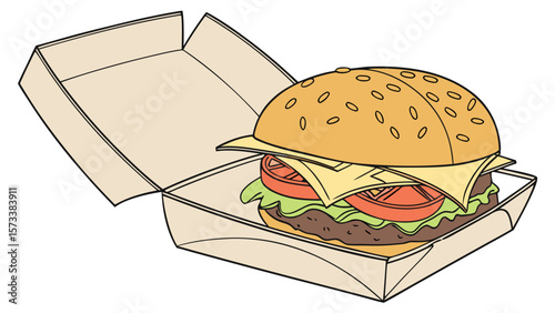 Delicious hamburger in takeout box vector illustration for restaurant and fast food related designs