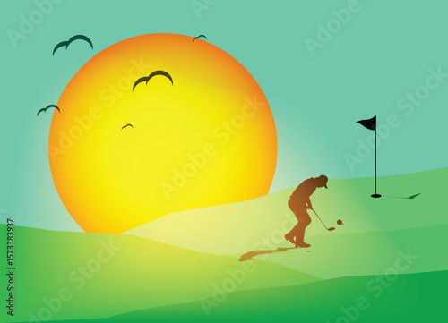 Golfer putting on course at sunset with birds