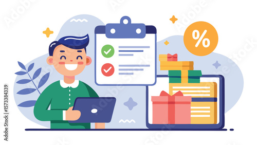 Happy man with laptop checks off tasks on clipboard next to gifts and percentage symbol illustration