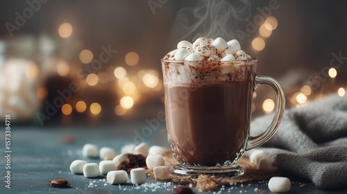 Rich chocolate drink in clear mug with steam and marshmallows for a cozy evening by the fireplace in winter season
