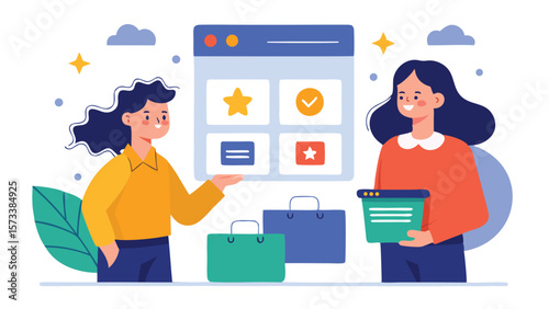 Two women standing near a screen with icons and shopping bags in a colorful illustration