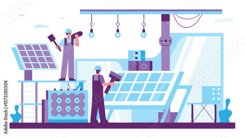 Two workers installing solar panels in a factory setting with overhead lights and equipment present