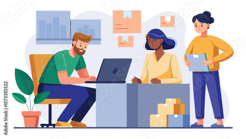 Illustration of three people working in an office with boxes and a laptop on a desk together now