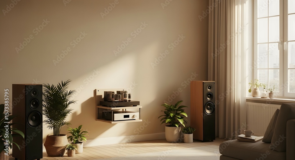 Fototapeta premium Living room audio system speakers plants design interior home decor modern amplifier sound system style
