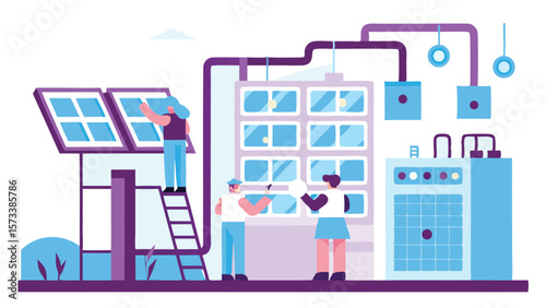 Illustration of people working on solar panels and industrial equipment in a factory setup