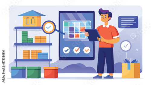Man checking inventory on tablet with shelves boxes and package in a warehouse illustration style