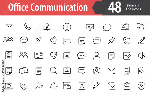 Office Communication Line Icons, Speech Bubble, Email, Chat Window, Phone Call, Video Meeting, Editable Formats: AI, EPS, PNG, JPG, Ideal for Both Digital and Print Use
