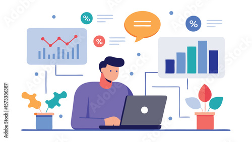 Illustration of a man working on a laptop with data charts and graphs displayed around him online analysis