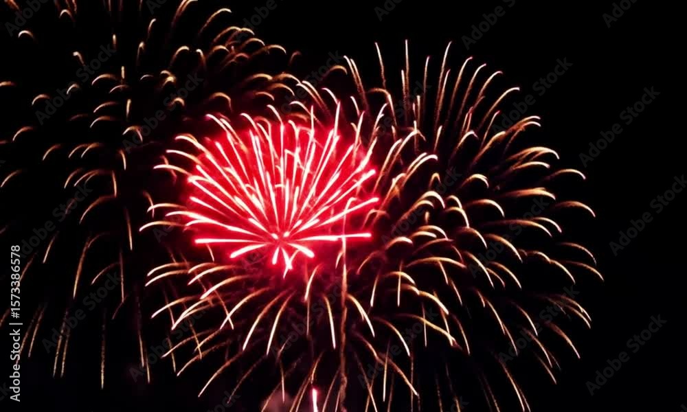 Two bright red fireworks burst against a dark night sky