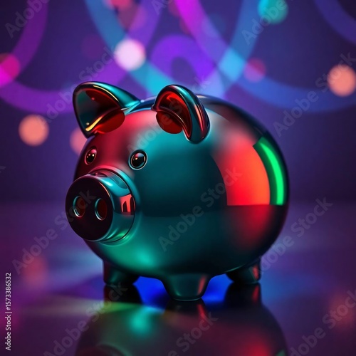 Rich deep teal piggy bank, creative light art, luxurious vibrant colors, abstract light patterns, artistic lighting, glossy finish