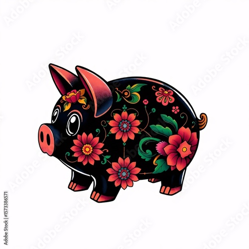 Symbolic traditional tattoo art print of a piggy bank, intense jet black, vibrant colors, retro flair, complex ornaments, white background, deep shadows