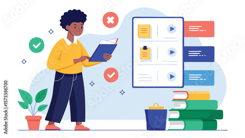 Illustration of a person reading a book next to a task board and a stack of books on the floor