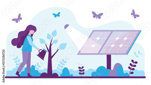 Illustration of a woman watering a tree next to solar panels with butterflies in the background