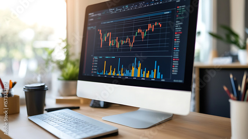  A report card on a desk with financial metrics and a computer showing a stock trading platform (1)