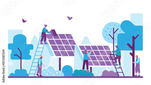 Illustration of workers installing solar panels on rooftops with trees and birds in the background