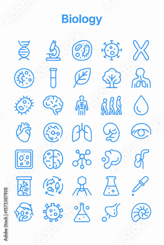 A collection of line icons representing various biological concepts, including cells, organs, DNA, and scientific equipment.