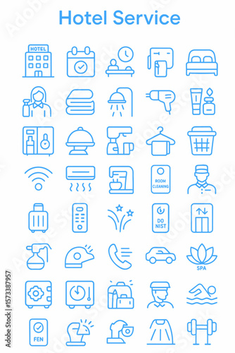 Collection of blue line icons representing various hotel services and amenities.