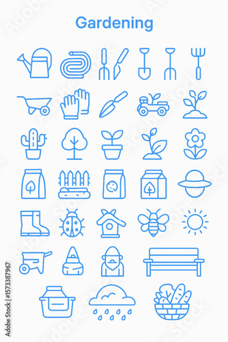 A collection of gardening icons and symbols, illustrating various tools and elements related to horticulture.