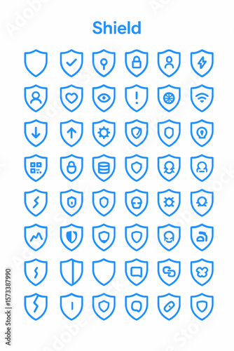 Collection of various blue shield icons representing security and protection.