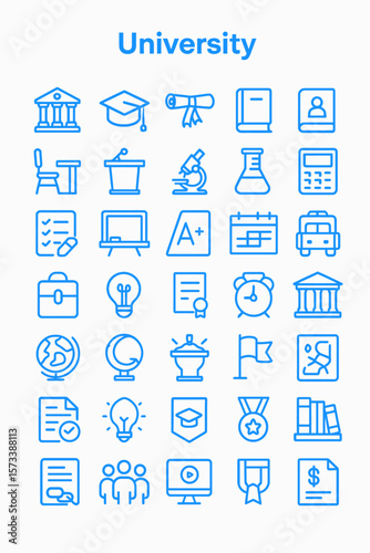 Collection of university-related icons, featuring education, learning, and academic symbols.