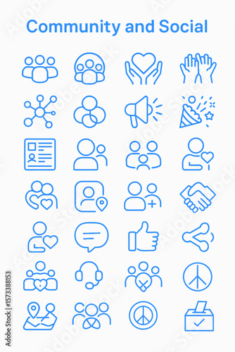 Collection of simple, blue line icons representing community and social interactions.