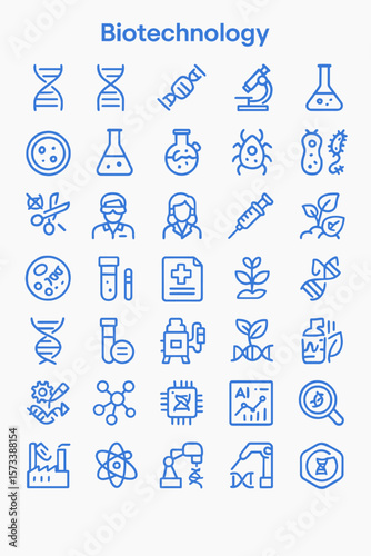 A collection of detailed, blue-line icons representing biotechnology concepts and scientific tools.