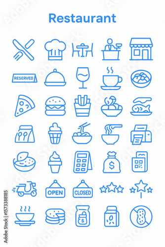 Collection of blue line icons representing restaurant related items, including food, service, and dining elements.