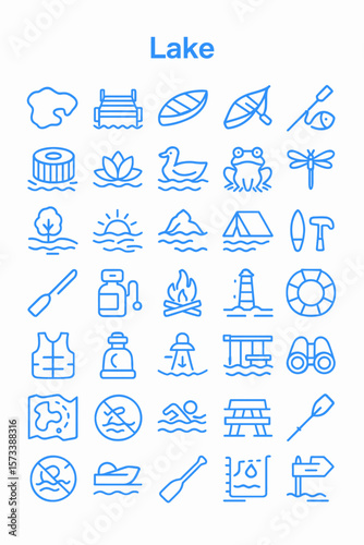 Collection of simple blue line icons depicting lake activities and features.