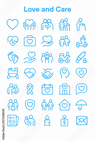 A collection of line icons depicting love, care, family, health, and support for the elderly and vulnerable.
