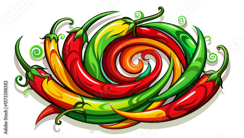   close up Bright organic chili peppers, thin and curved, range in red and green hues, arranged in a swirl with shine and shadow for dynamic, spicy-themed healthy food art. White background