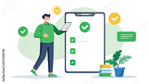 Man using tablet next to a checklist on a large phone screen with books and plant nearby is green themed