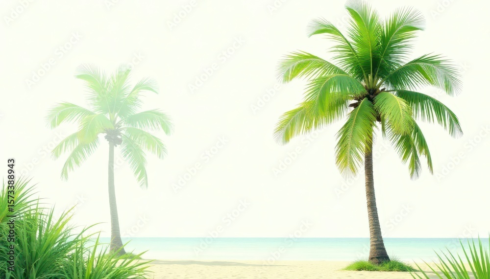 Obraz premium Single coconut palm tree, lush green foliage, white background, illustration, isolated tree, greenery