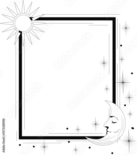 Magic frame with celestial stars, sun and moon. Vector illustration for astrology, mysticism and spirituality.