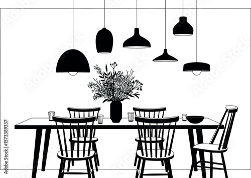 A black and white illustration of a dining room with a table chairs and hanging lights above


