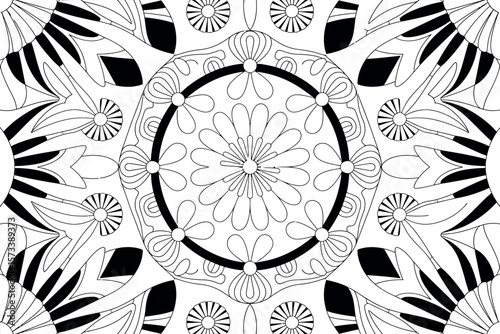 A black and white symmetrical design featuring flowers and circular patterns in a radial arrangement


