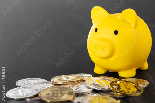 Yellow Piggy Bank with Bitcoin Coins on Gray Background
