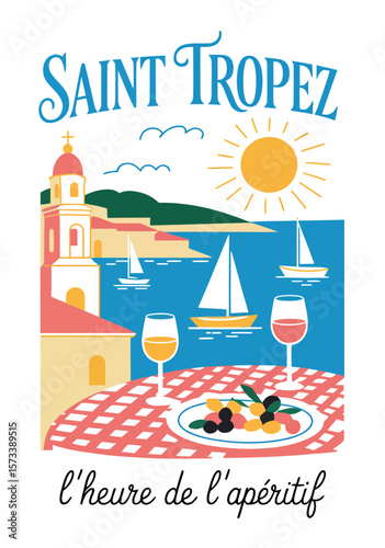 Saint tropez illustration with wine glasses, olives, sailboats, and a building by the sea coast


