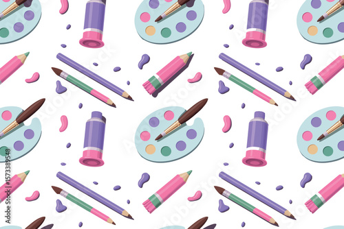 Seamless pattern of art supplies including paint tubes, brushes, palettes, and pencils on lilac background


