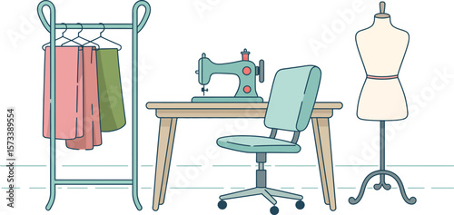 Illustration of a sewing room with a sewing machine, dress form, and clothes rack with dresses


