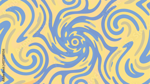 Abstract swirl pattern with blue curves and yellow background creating a dynamic and flowing design