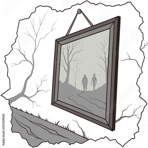 Illustration of a framed picture hanging on a wall with a nature scene and two figures inside it