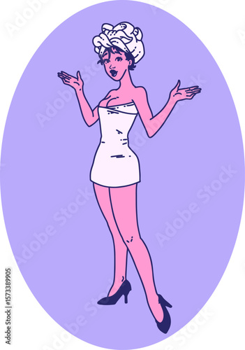 tattoo in traditional style of a pinup girl in towels in bright neon color