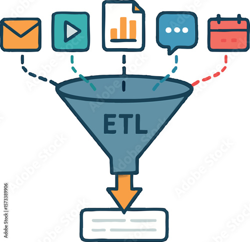 Flat vector funnel filtering data streams from apps into one clean output, ETL process concept, isolated on white