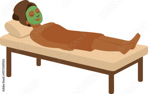 Flat vector full-body clay mask treatment with person relaxing on table, isolated on white
