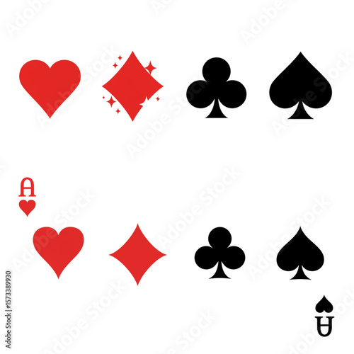 Ace playing cards design features heart, diamond, club, and spade suits, perfect for games, gambling, or casino designs and lucky symbols.