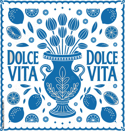 Illustration of a blue vase with flowers surrounded by lemons and the words dolce vita on a square frame


